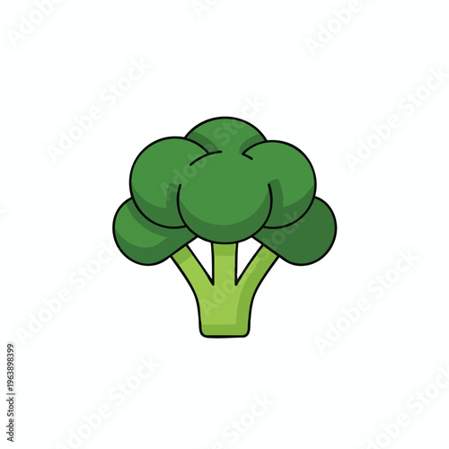 Simple cartoon-style illustration of a bright green broccoli floret with a thick stem