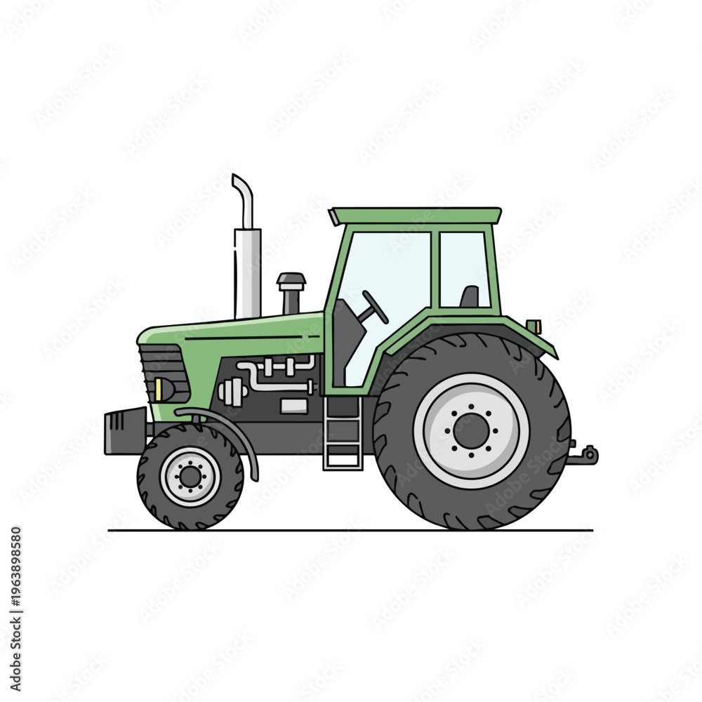 Obraz premium A simplified, side-view illustration of a green tractor with large rear wheels and a cab