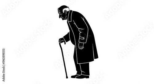 Elderly Man Standing with Cane Illustration.