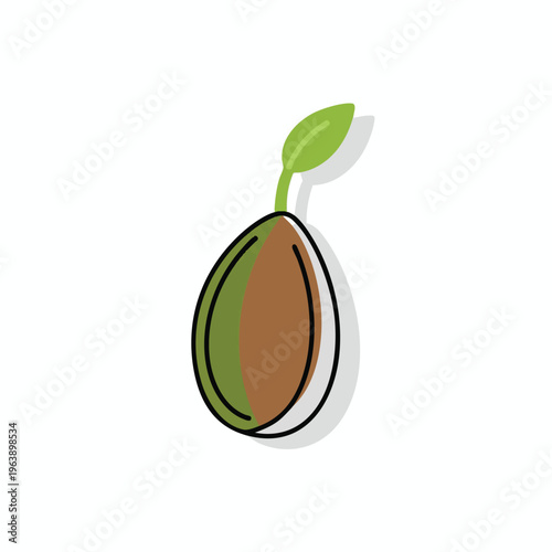 A stylized seed with a sprouting green leaf and stem, isolated on white