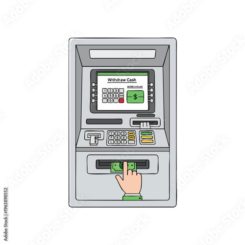 Hand grabbing cash from ATM with "Withdraw Cash" displayed on screen