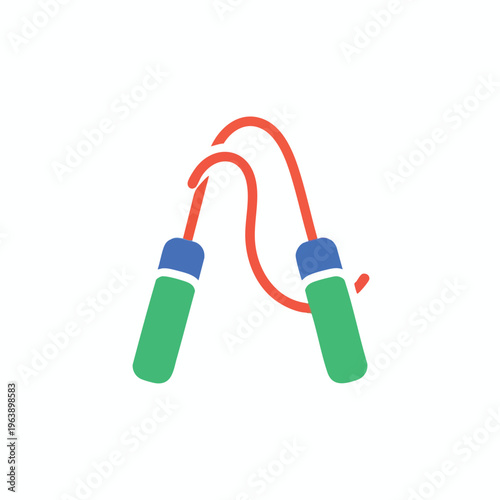 Simple, graphic representation of a red jump rope with green and blue handles