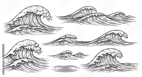 Set of Hand Drawn Ocean Waves and Sea Water Splashes