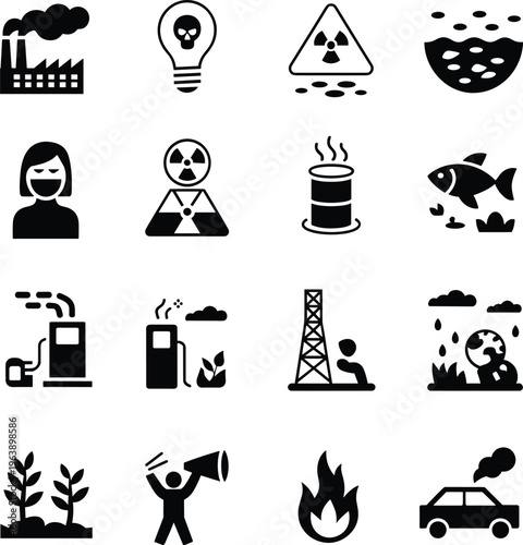 Collection of sixteen environmental pollution icons including factory smoke radiation toxic waste water contamination activism car exhaust hazard illustration design