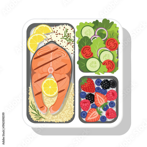 Grilled salmon with quinoa, salad, and mixed berries in a partitioned tray