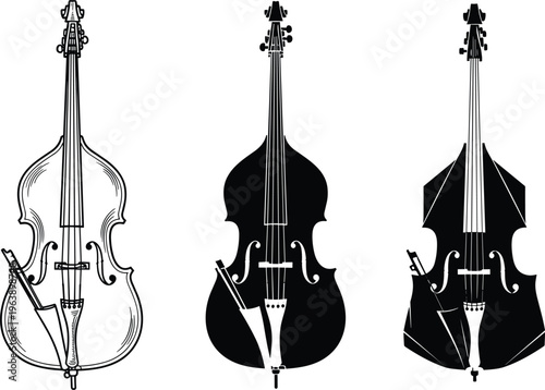 Collection of three double bass silhouettes with bows, musical instrument icons classical orchestra string design illustration