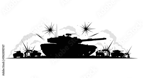 Military Tank Silhouette with Explosions and Vehicles.