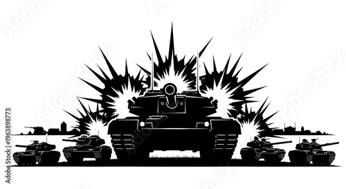 Military Tanks in Action Silhouette Illustration.