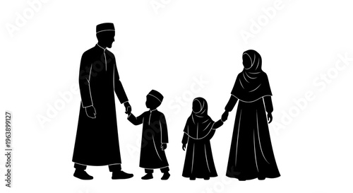 Silhouette of Muslim Family Holding Hands Together.