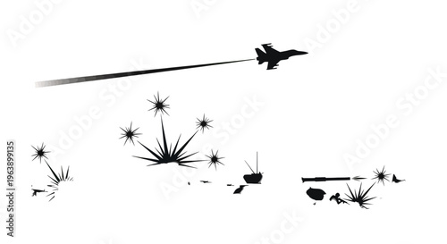 Silhouette of Fighter Jet Flying Through Explosions.