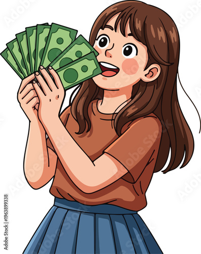 Anime style girl holding money fan, happy young woman with cash banknotes, financial success and wealth concept vector illustration