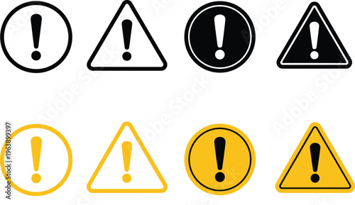 Set of eight caution warning symbols with exclamation marks inside triangle and circle shapes, black white yellow hazard safety alert icons illustration
