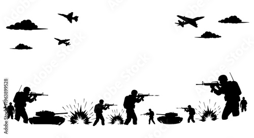 Silhouettes of Soldiers and Aircraft in Combat.