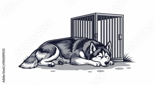 A black and white illustration of a husky dog sleeping by a cage