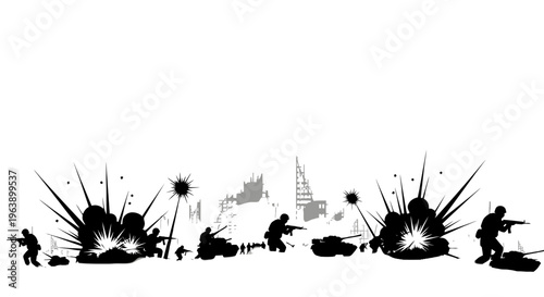Silhouettes of Soldiers Fighting in War Zone.