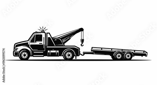 A black and white illustration of a tow truck with a trailer attached.