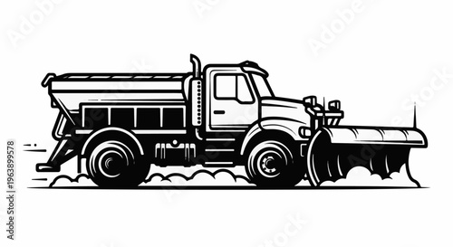 A black and white illustration of a snow plow truck clearing a snowy road