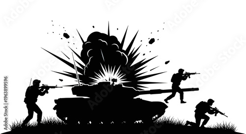 Soldiers Firing Weapons Near Exploding Tank.