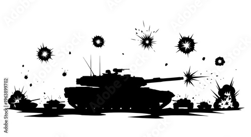 Tank Silhouette with Explosions and Bullets.
