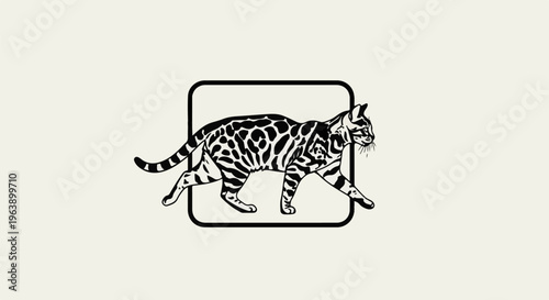 A black and white line drawing of a patterned cat walking within a square frame
