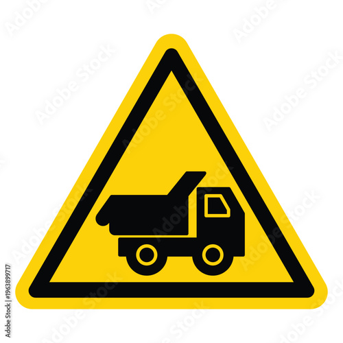 Yellow Caution Sign Featuring Dumper Truck Symbol in Triangle Shape