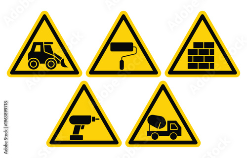 Construction Warning Signs Featuring Heavy Equipment and Tools in Triangle Shape