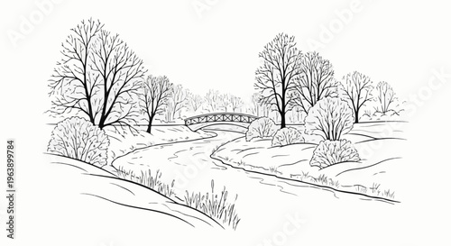 A black and white sketch of a winter landscape with a river and bridge
