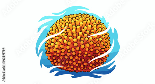 A bright orange spherical organism with numerous small protrusions against a blue, wavy background