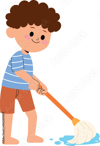 Young boy mopping floor, Cheerful kids helping with chores at home illustration