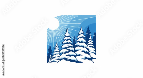 A bright sun shines on snow-covered pine trees in a winter landscape