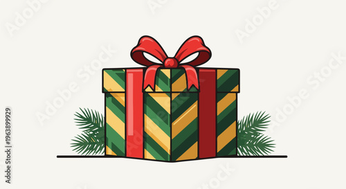 A diagonally striped gift box with a red ribbon and bow, flanked by pine branches