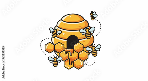 A cartoon bee hive with dripping honey and busy bees flying around
