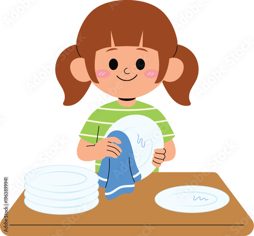 Friendly girl Dry the Dishes, Cheerful kids helping with chores at home illustration