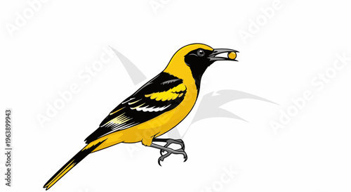 A bright yellow and black bird with a yellow berry in its beak