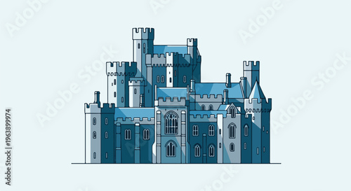 A flat design illustration of a multi-towered blue castle
