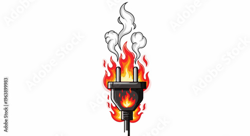 A black electrical plug is engulfed in flames and emitting smoke