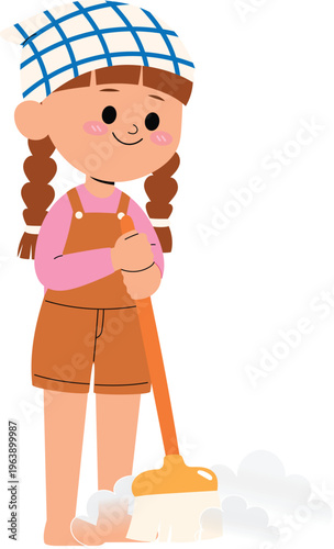 Happy girl sweeping the floor, Cheerful kids helping with chores at home illustration