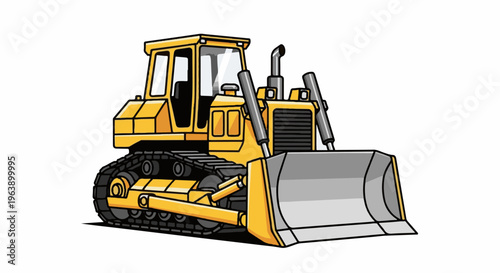 A bright yellow bulldozer with a large blade and caterpillar tracks