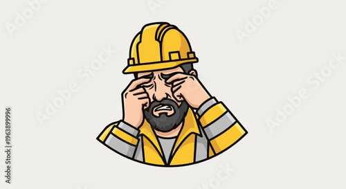 A distressed construction worker in a hard hat rubs his eyes, looking sad