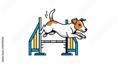 A dog jumps over an agility obstacle