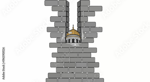 A dome-topped building seen through a gap in a brick wall