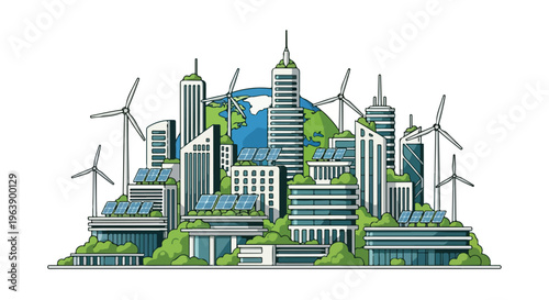 Eco-friendly cityscape with wind turbines and solar panels promoting sustainability for Earth Day