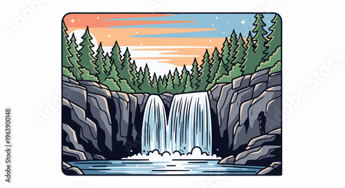 A double waterfall cascades over rocky cliffs into a pool below, framed by pine trees