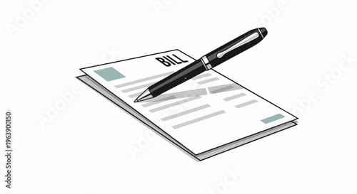 A black pen rests on a bill document with grey lines and teal squares