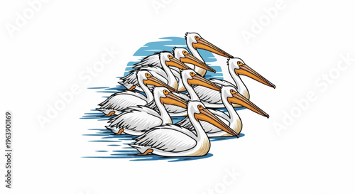 A flock of white pelicans with orange beaks gather together on blue water