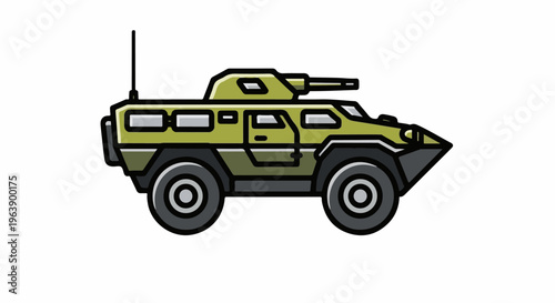 A green armored vehicle with a turret and antenna