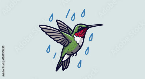 A green hummingbird with red iridescent throat hovers mid-air amidst raindrops