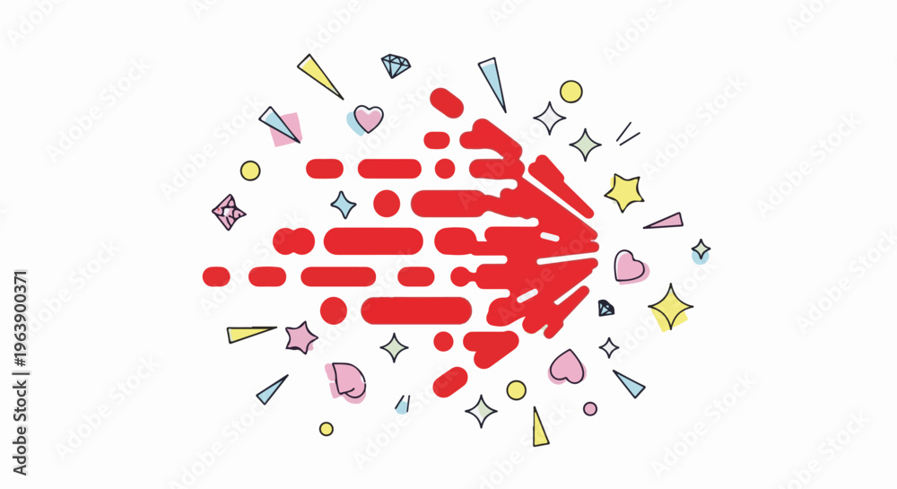 Obraz premium A dynamic red splash shape surrounded by colorful abstract geometric elements
