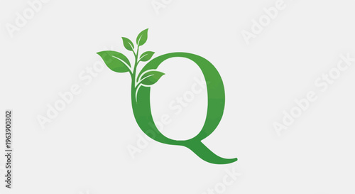 A green letter Q with leaves growing from its stem