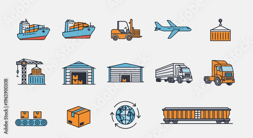 A collection of icons representing various modes of transport and logistics